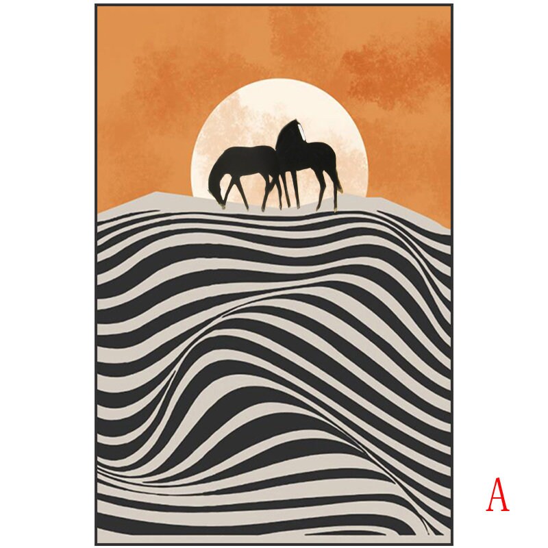 May include: Abstract art print featuring a black and white striped landscape with three black horses silhouetted against a large orange sun.