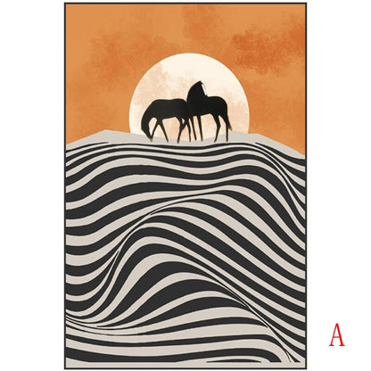 May include: Abstract art print featuring a black and white striped landscape with three black horses silhouetted against a large orange sun.