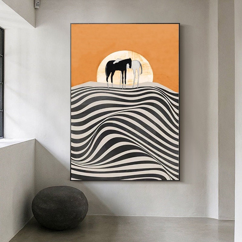 Abstract Horse and Sunrise oil painting on Canvas, Large Original Horses Canvas Wall Art, Modern Desert Landscape Painting for Living Room