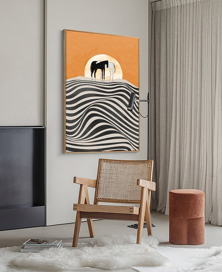 Abstract Horse and Sunrise oil painting on Canvas, Large Original Horses Canvas Wall Art, Modern Desert Landscape Painting for Living Room