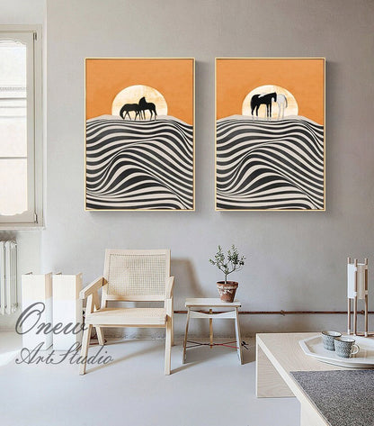 Abstract Horse and Sunrise oil painting on Canvas, Large Original Horses Canvas Wall Art, Modern Desert Landscape Painting for Living Room