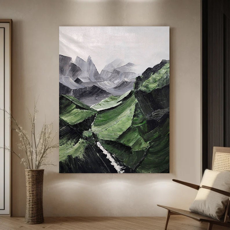Green Mountain Abstract Painting – Minimalist Landscape Art – Landscape Canvas Art