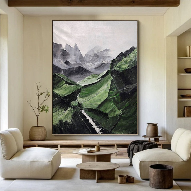 Green Mountain Abstract Painting – Minimalist Landscape Art – Landscape Canvas Art