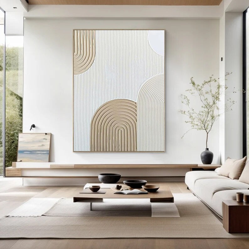 Beige and white 3D Minimalist Painting Large Beige and white Art Beige – Abstract Painting