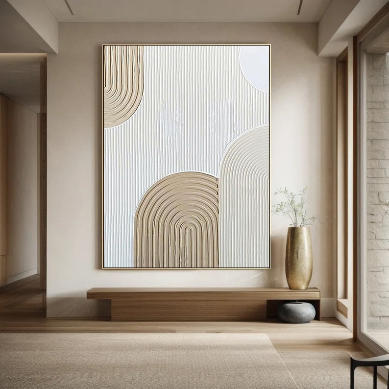 Beige and white 3D Minimalist Painting Large Beige and white Art Beige – Abstract Painting