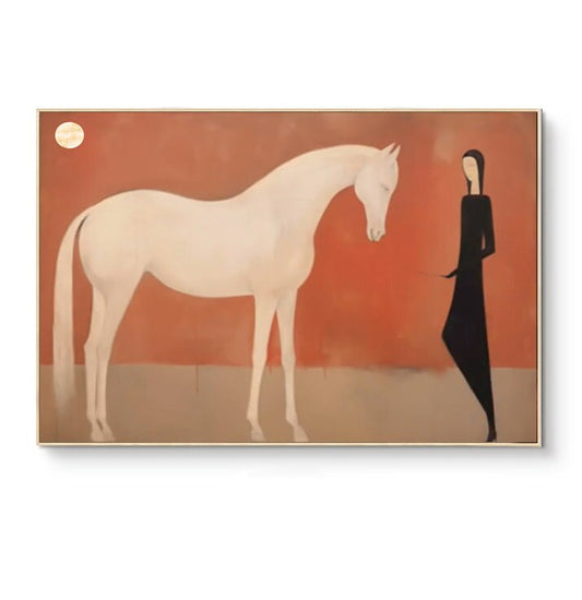 Large Abstract White Horse Oil Painting on Canvas, Original White Horse and Girl Canvas Wall Art, Minimalist Animal Wall Art for Living Room
