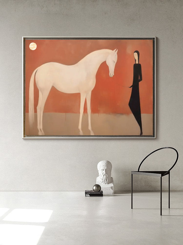 Large Abstract White Horse Oil Painting on Canvas, Original White Horse and Girl Canvas Wall Art, Minimalist Animal Wall Art for Living Room