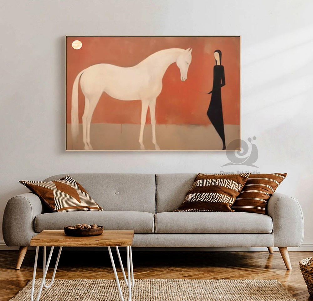 Large Abstract White Horse Oil Painting on Canvas, Original White Horse and Girl Canvas Wall Art, Minimalist Animal Wall Art for Living Room