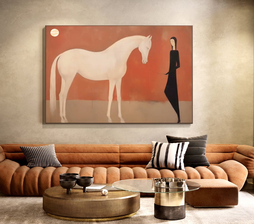 Large Abstract White Horse Oil Painting on Canvas, Original White Horse and Girl Canvas Wall Art, Minimalist Animal Wall Art for Living Room