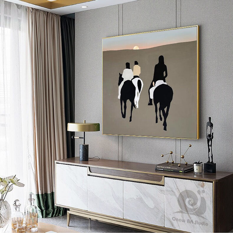 Abstract Horse Riding Oil Painting, Original Hand-painted Horse Riding Canvas Wall Art, Modern Landscape Painting for Living Room,home Décor