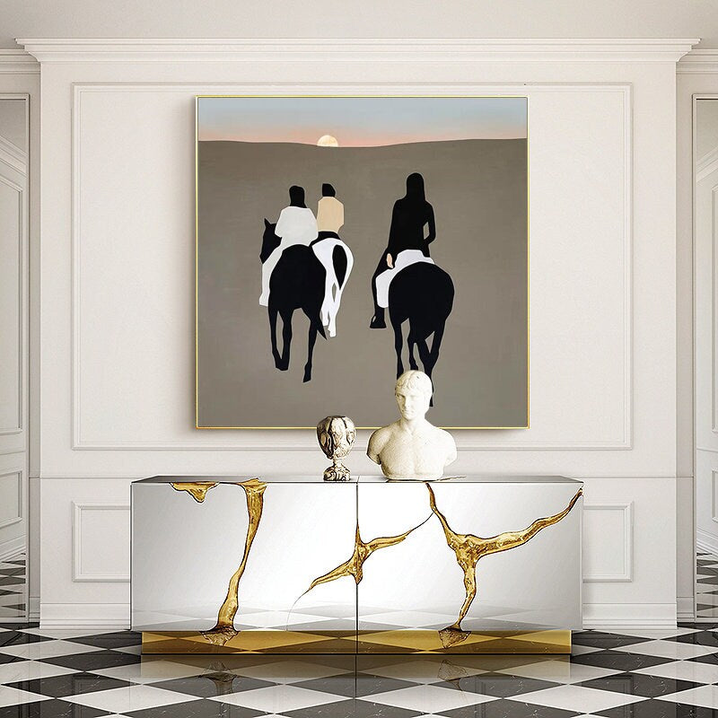 Abstract Horse Riding Oil Painting, Original Hand-painted Horse Riding Canvas Wall Art, Modern Landscape Painting for Living Room,home Décor