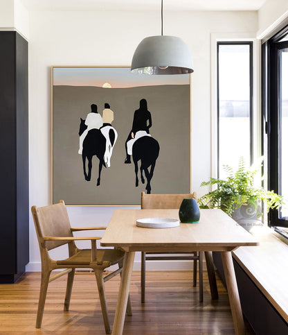 Abstract Horse Riding Oil Painting, Original Hand-painted Horse Riding Canvas Wall Art, Modern Landscape Painting for Living Room,home Décor