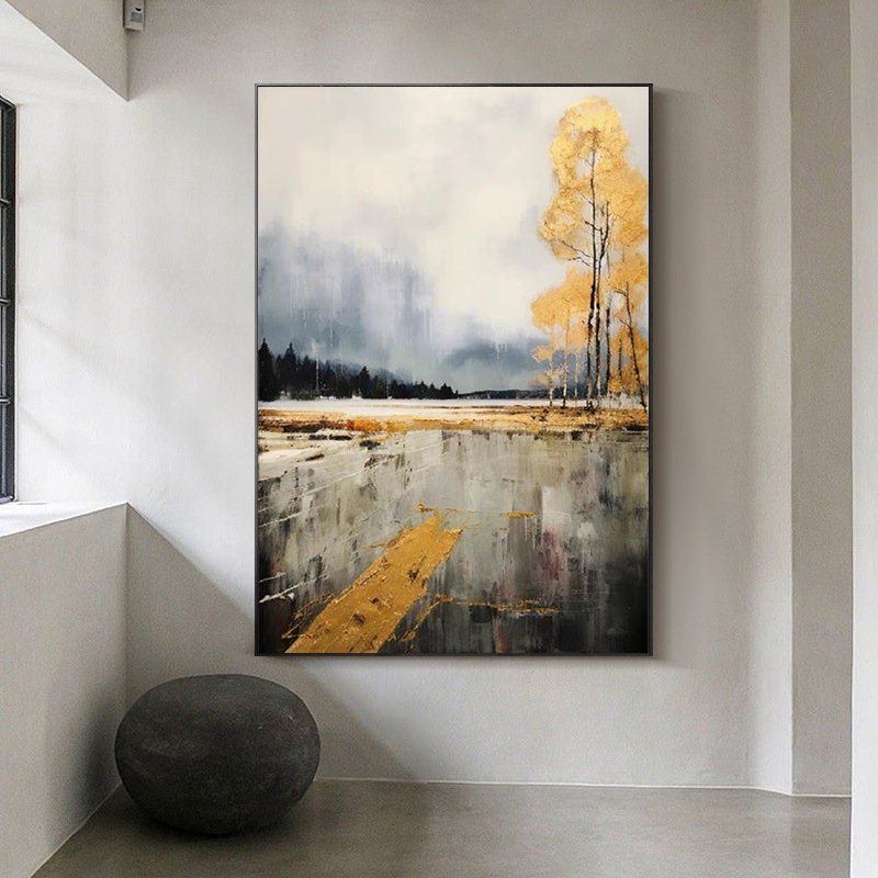 Large Abstract Landscape Oil Painting on Canvas, Original Golden Trees Canvas Wall Art, Modern Forest Wall Art for Living Room, Home Décor