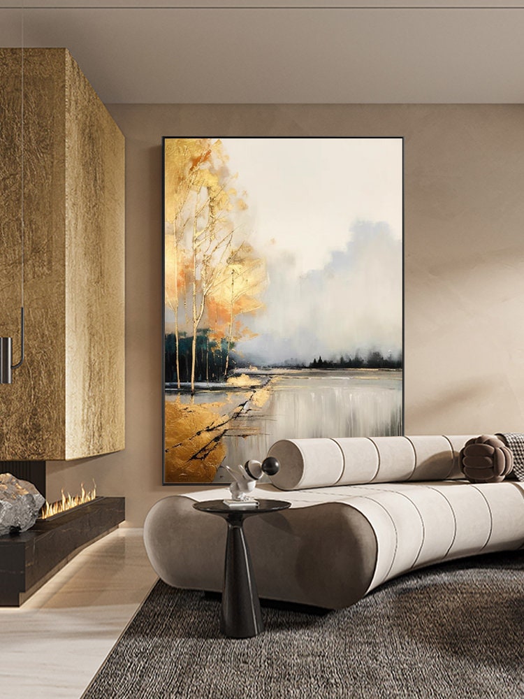 Large Abstract Landscape Oil Painting on Canvas, Original Golden Trees Canvas Wall Art, Modern Forest Wall Art for Living Room, Home Décor