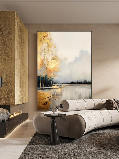 Large Abstract Landscape Oil Painting on Canvas, Original Golden Trees Canvas Wall Art, Modern Forest Wall Art for Living Room, Home Décor