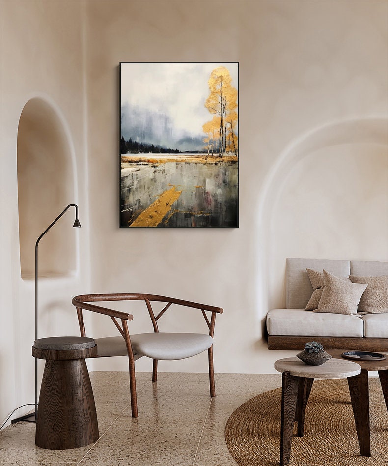 Large Abstract Landscape Oil Painting on Canvas, Original Golden Trees Canvas Wall Art, Modern Forest Wall Art for Living Room, Home Décor