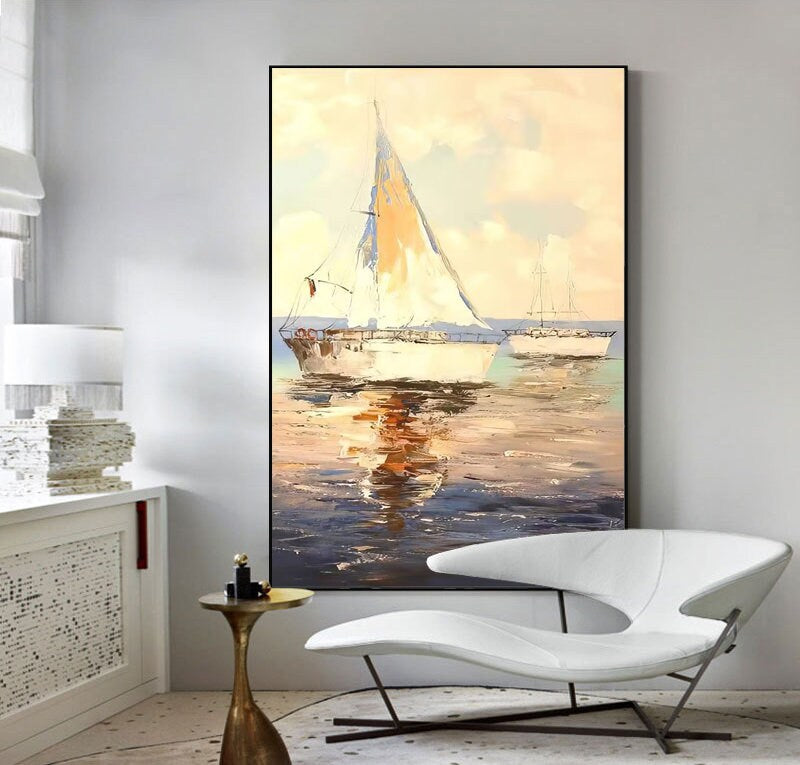 Abstract Sailboats Oil Painting on Canvas, Original Seascape Canvas Wall Art, Ocean Canvas Art, Modern Nautical Oil Painting for Living Room