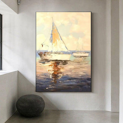 Abstract Sailboats Oil Painting on Canvas, Original Seascape Canvas Wall Art, Ocean Canvas Art, Modern Nautical Oil Painting for Living Room