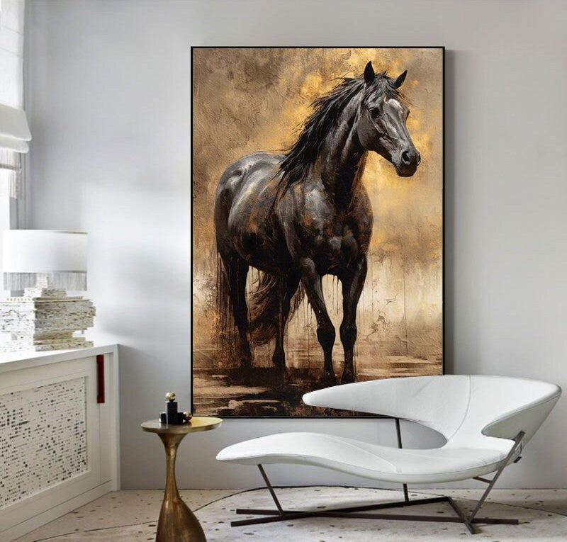 Large Impressionist Horse Oil Painting on Canvas, Original Black Horse Canvas Wall Art, Modern Animal Painting for Living Room, Office Decor
