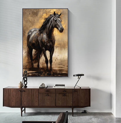 Large Impressionist Horse Oil Painting on Canvas, Original Black Horse Canvas Wall Art, Modern Animal Painting for Living Room, Office Decor