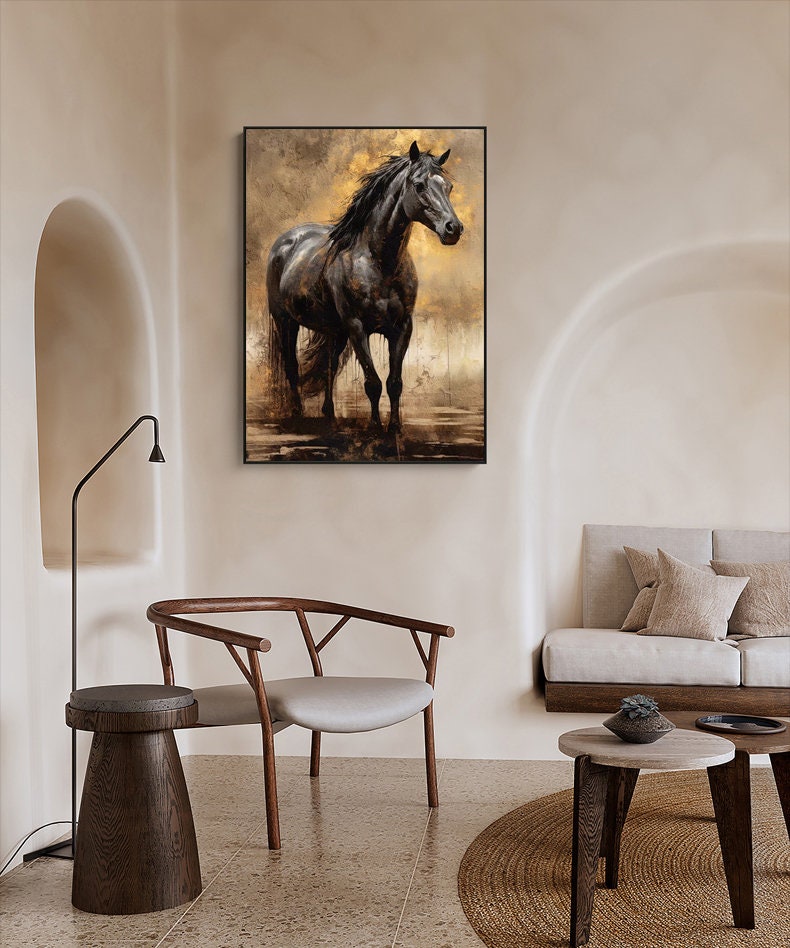 Large Impressionist Horse Oil Painting on Canvas, Original Black Horse Canvas Wall Art, Modern Animal Painting for Living Room, Office Decor