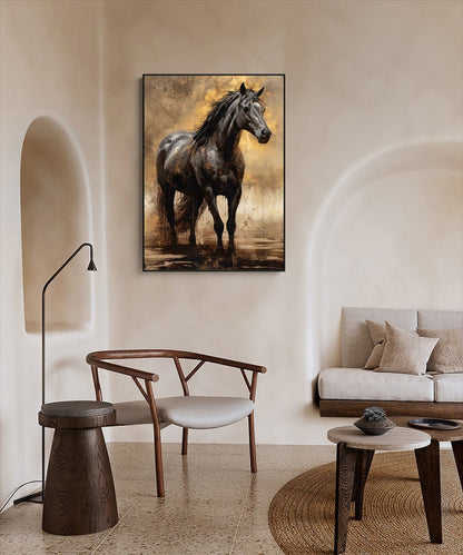 Large Impressionist Horse Oil Painting on Canvas, Original Black Horse Canvas Wall Art, Modern Animal Painting for Living Room, Office Decor