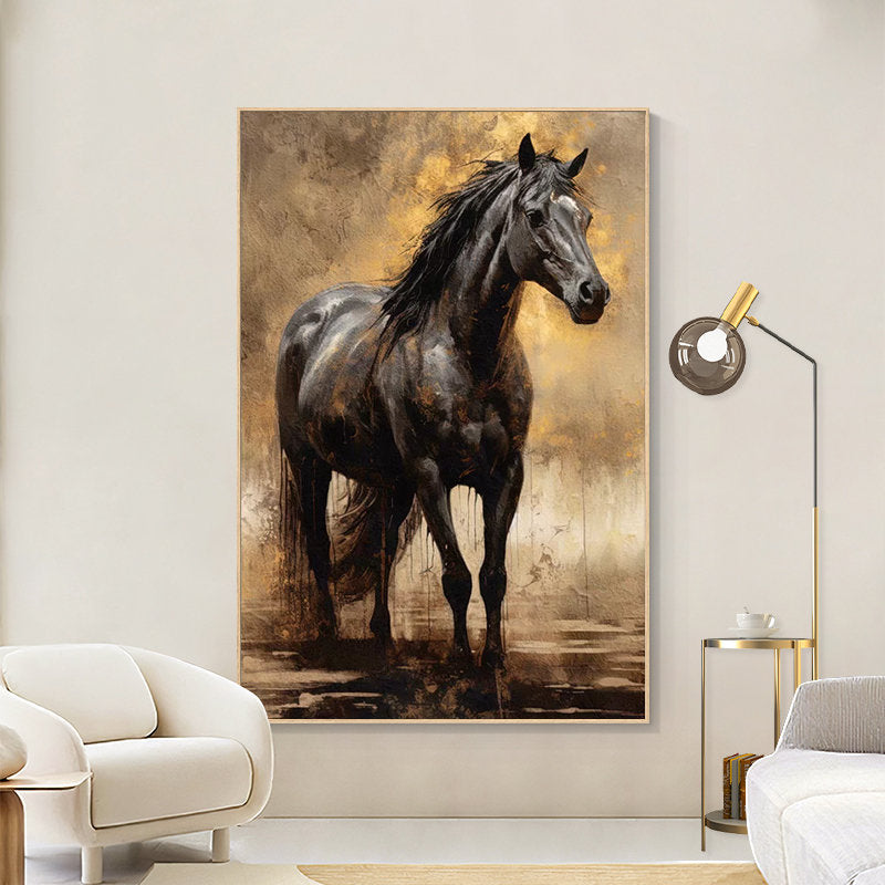 Large Impressionist Horse Oil Painting on Canvas, Original Black Horse Canvas Wall Art, Modern Animal Painting for Living Room, Office Decor