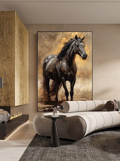 Large Impressionist Horse Oil Painting on Canvas, Original Black Horse Canvas Wall Art, Modern Animal Painting for Living Room, Office Decor