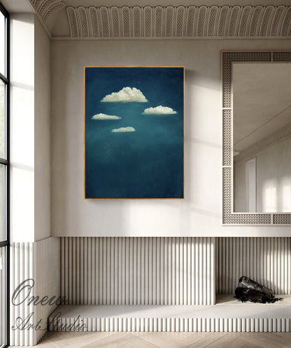 Abstract Cloud and Night Sky Oil Painting on Canvas, Original Blue and White Canvas Wall Art, Large Celestial Cloud Painting for Living Room
