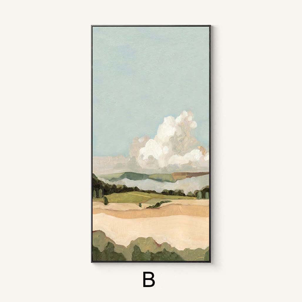 May include: Abstract landscape painting with a large white cloud in a blue sky over a green and brown field. The painting is framed in black.