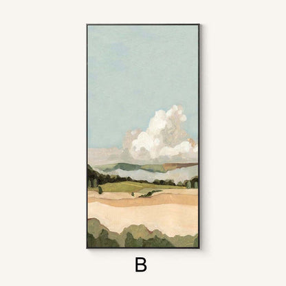 May include: Abstract landscape painting with a large white cloud in a blue sky over a green and brown field. The painting is framed in black.
