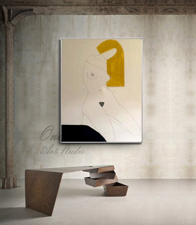 May include: Abstract painting of a nude figure with a yellow shape covering the head, set against a white background. The figure is outlined in black and has a black shape at the bottom of the painting.