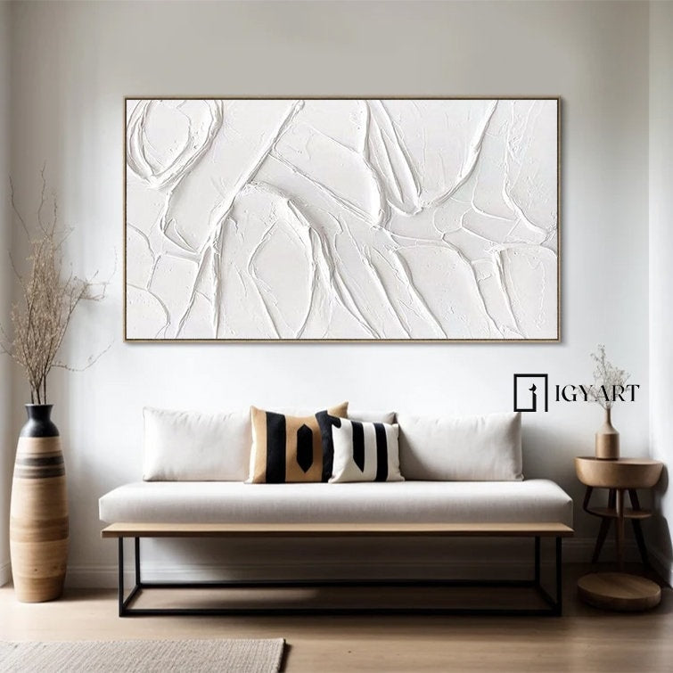 Large White Textured Painting – Minimalist Abstract Plaster Art – Abstract Painting
