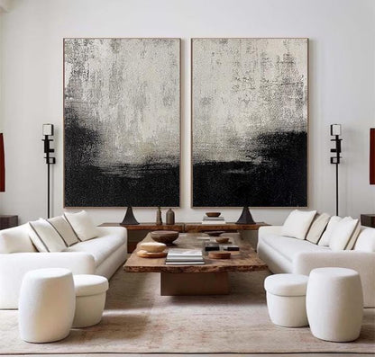 Set of 2 Black and Beige Abstract Paintings – Minimalist Wall Art