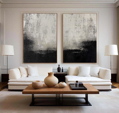Set of 2 Black and Beige Abstract Paintings – Minimalist Wall Art