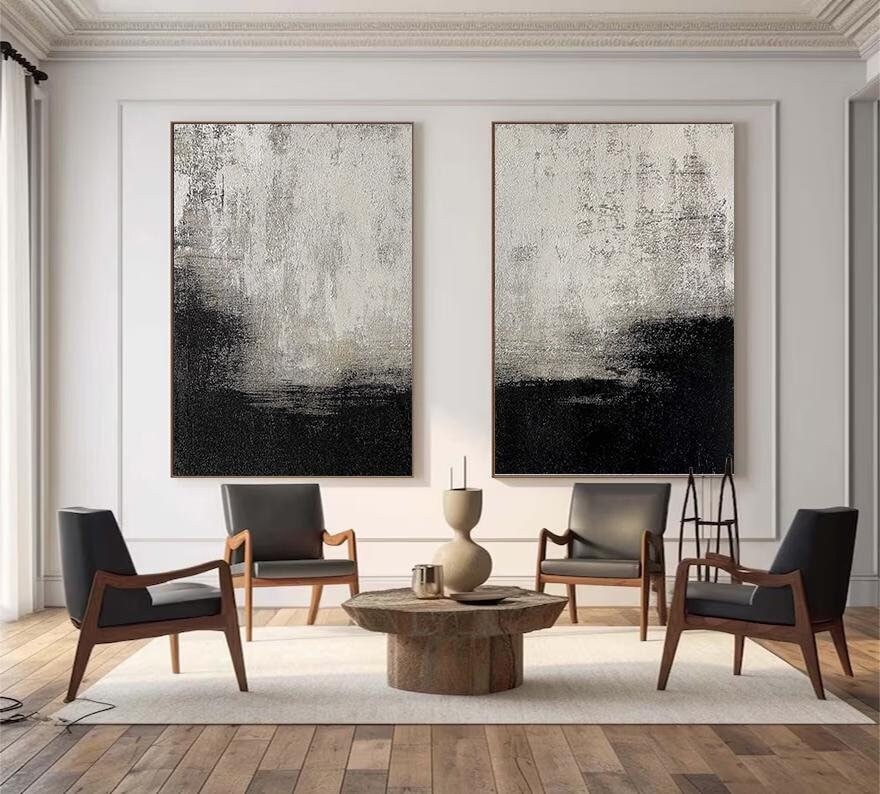 Set of 2 Black and Beige Abstract Paintings – Minimalist Wall Art