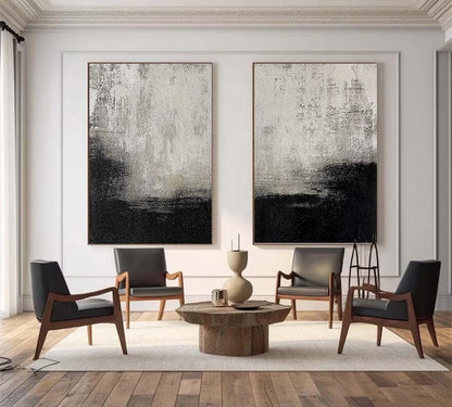 Set of 2 Black and Beige Abstract Paintings – Minimalist Wall Art