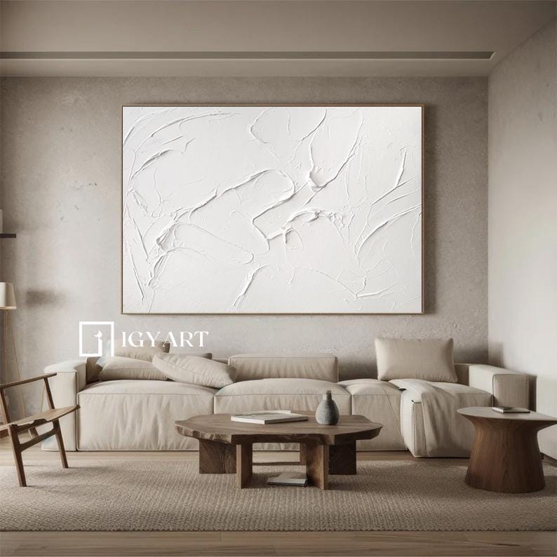White Textured Wall Art – Minimalist Plaster Painting on Canvas – Abstract Painting