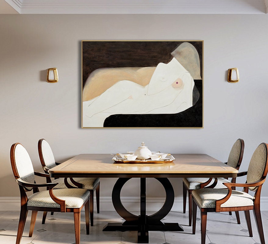 May include: A painting of a nude figure reclining on a couch, with a dark background and a light brown couch. The figure is painted in a minimalist style, with soft lines and muted colors.