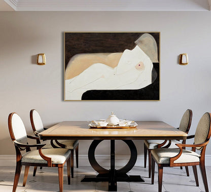 May include: A painting of a nude figure reclining on a couch, with a dark background and a light brown couch. The figure is painted in a minimalist style, with soft lines and muted colors.