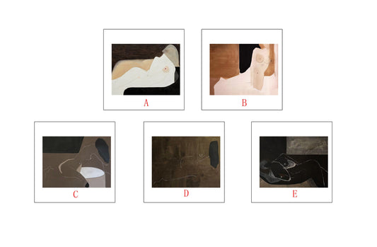 May include: Five abstract paintings with a nude figure in each. The paintings are in a minimalist style with muted colors of brown, black, and white.