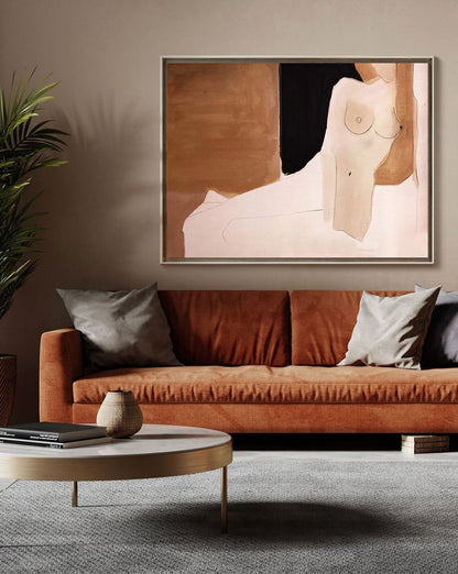May include: Abstract painting of a nude figure in shades of brown, pink, and black. The figure is sitting on a white surface with a brown background.