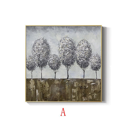 May include: A painting of a row of five gray trees with white accents against a light gray background. The trees are painted in a textured style, and the background is slightly blurred. The bottom of the painting is a brown textured area.