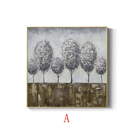 May include: A painting of a row of five gray trees with white accents against a light gray background. The trees are painted in a textured style, and the background is slightly blurred. The bottom of the painting is a brown textured area.