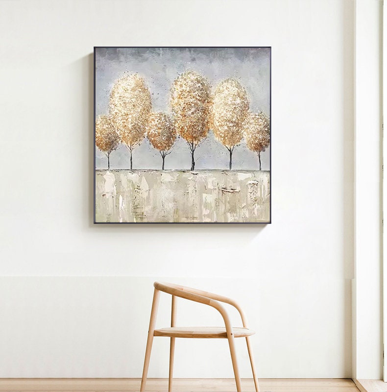 May include: A painting of a row of six trees with round, golden crowns against a light gray background. The trees are painted in a textured style, giving the impression of brushstrokes.