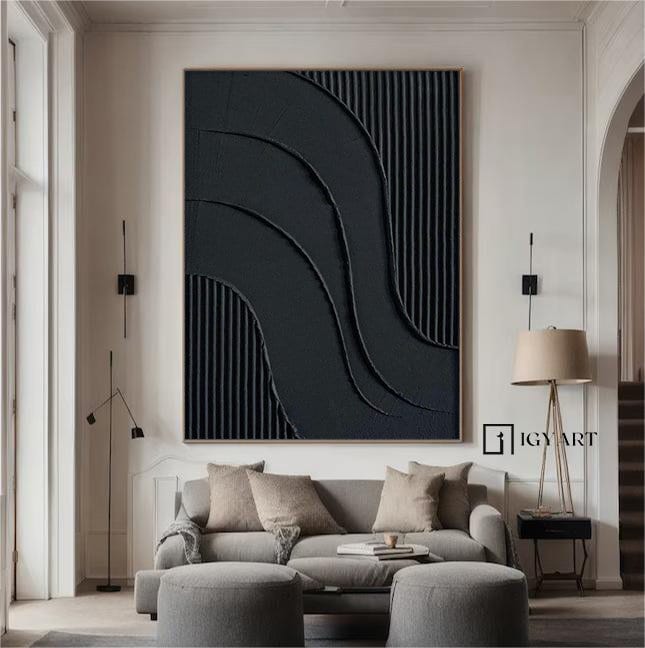 Black Textured Abstract Painting – Framed 3D Wall Decor