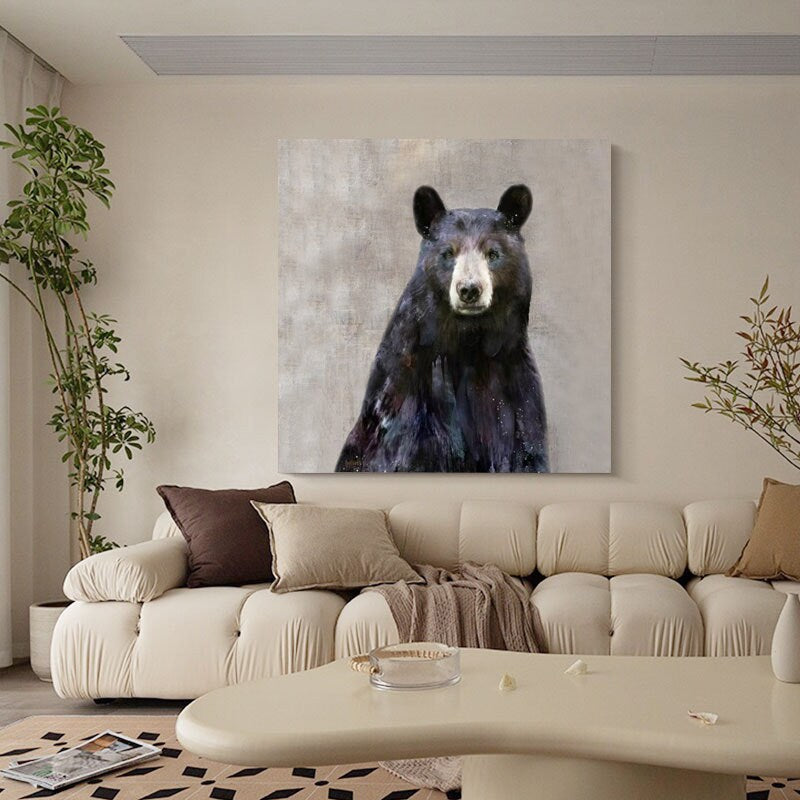 Large Abstract Black Bear Canvas Wall Art, Original Hand-painted Bear Oil Painting on Canvas, Modern Animal Painting for Living Room Bedroom