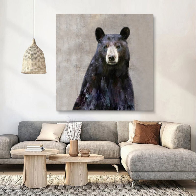 Large Abstract Black Bear Canvas Wall Art, Original Hand-painted Bear Oil Painting on Canvas, Modern Animal Painting for Living Room Bedroom