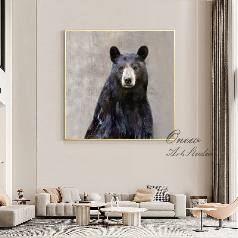 Large Abstract Black Bear Canvas Wall Art, Original Hand-painted Bear Oil Painting on Canvas, Modern Animal Painting for Living Room Bedroom