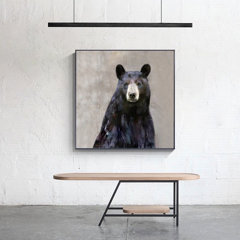 Large Abstract Black Bear Canvas Wall Art, Original Hand-painted Bear Oil Painting on Canvas, Modern Animal Painting for Living Room Bedroom